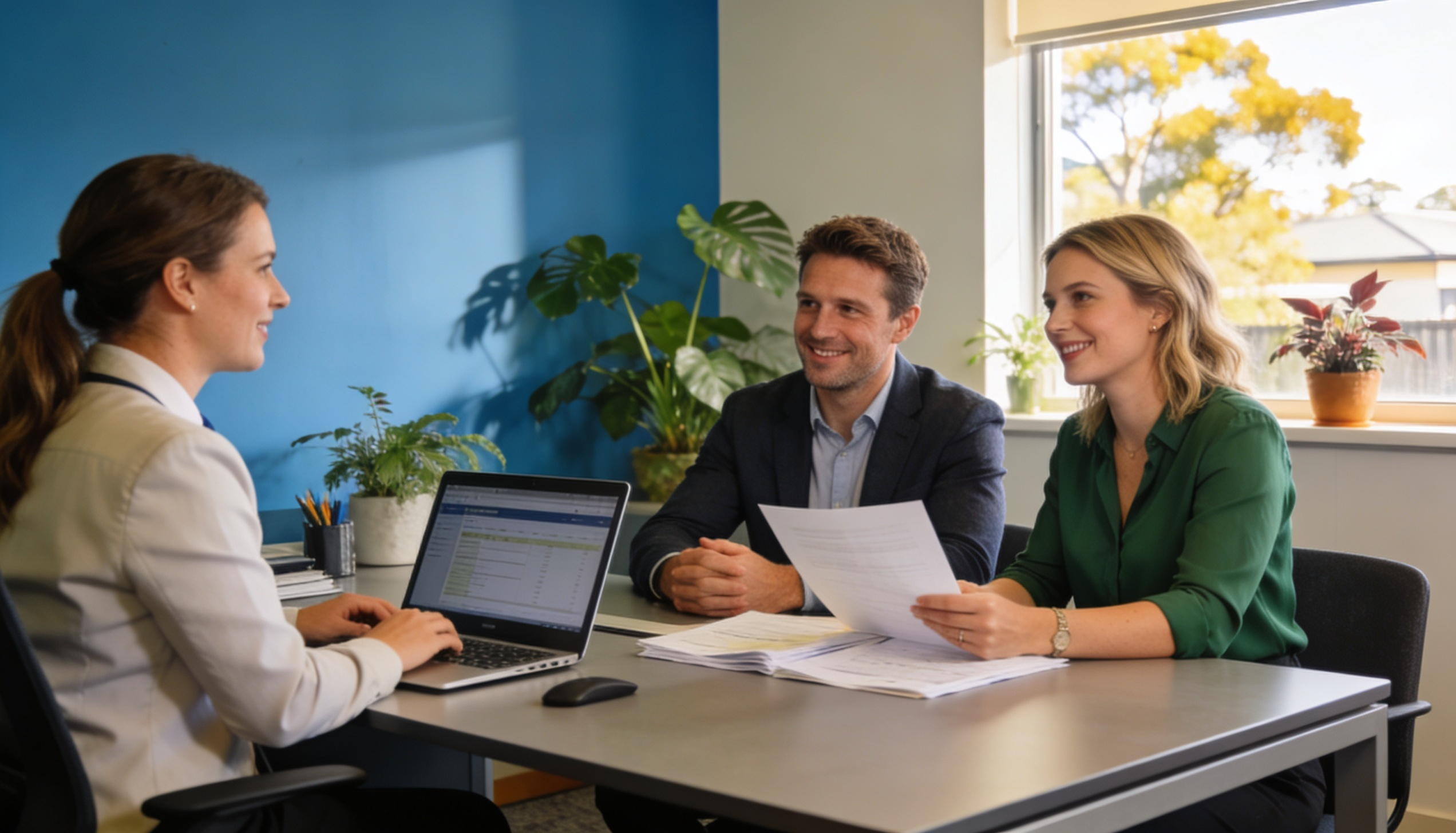 A British expat couple discussing mortgage options with a financial advisor in Australia.