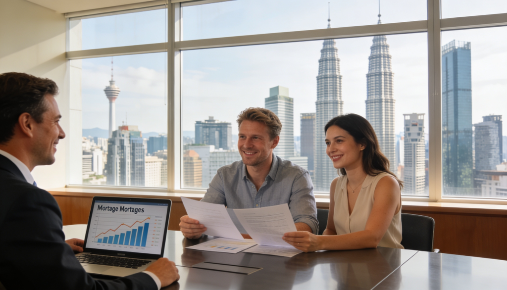 A British expat couple discussing mortgage options with a financial advisor in Malaysia.