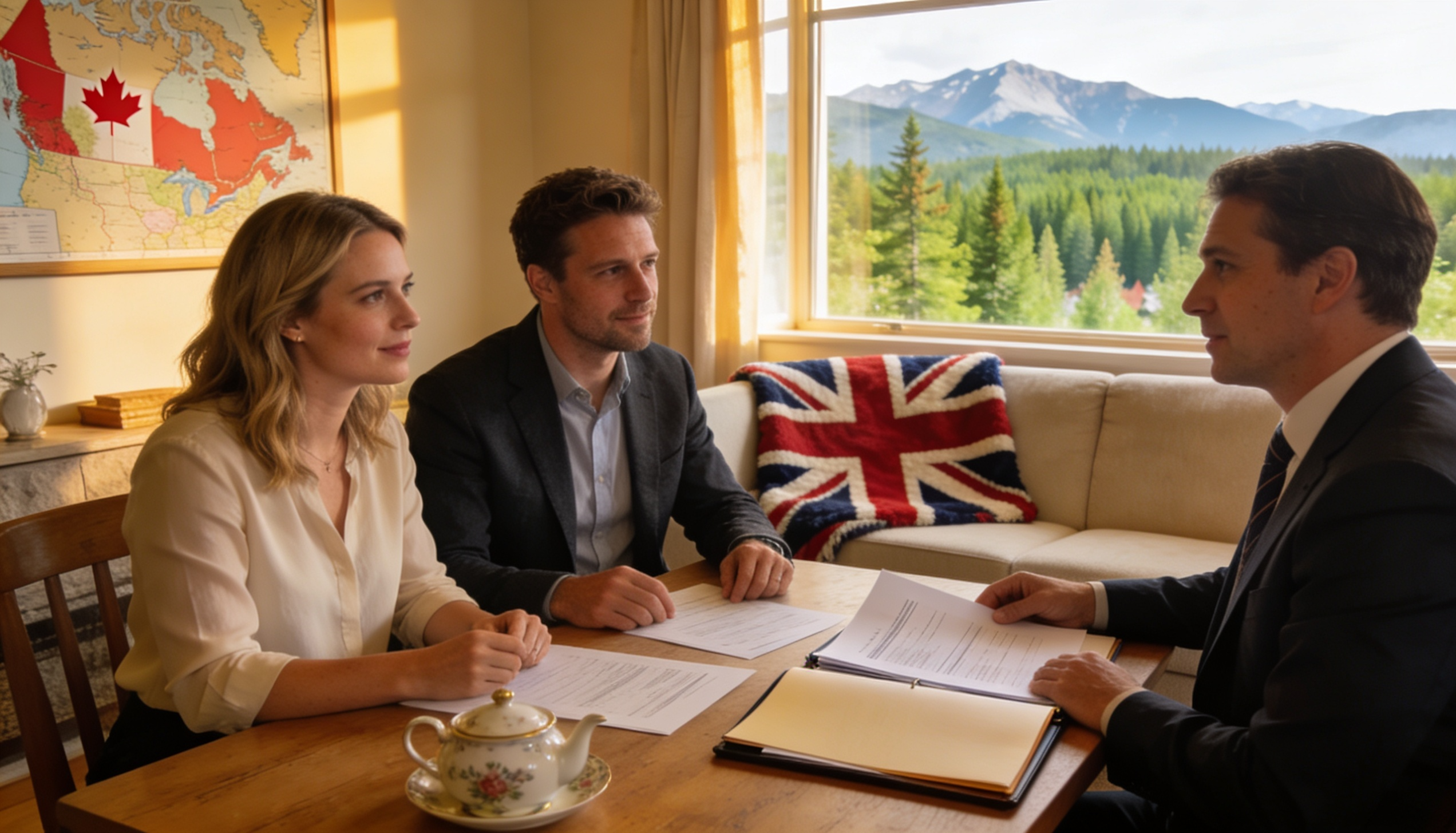 A British expat couple discussing mortgage options with a financial advisor in a cozy Canadian home.