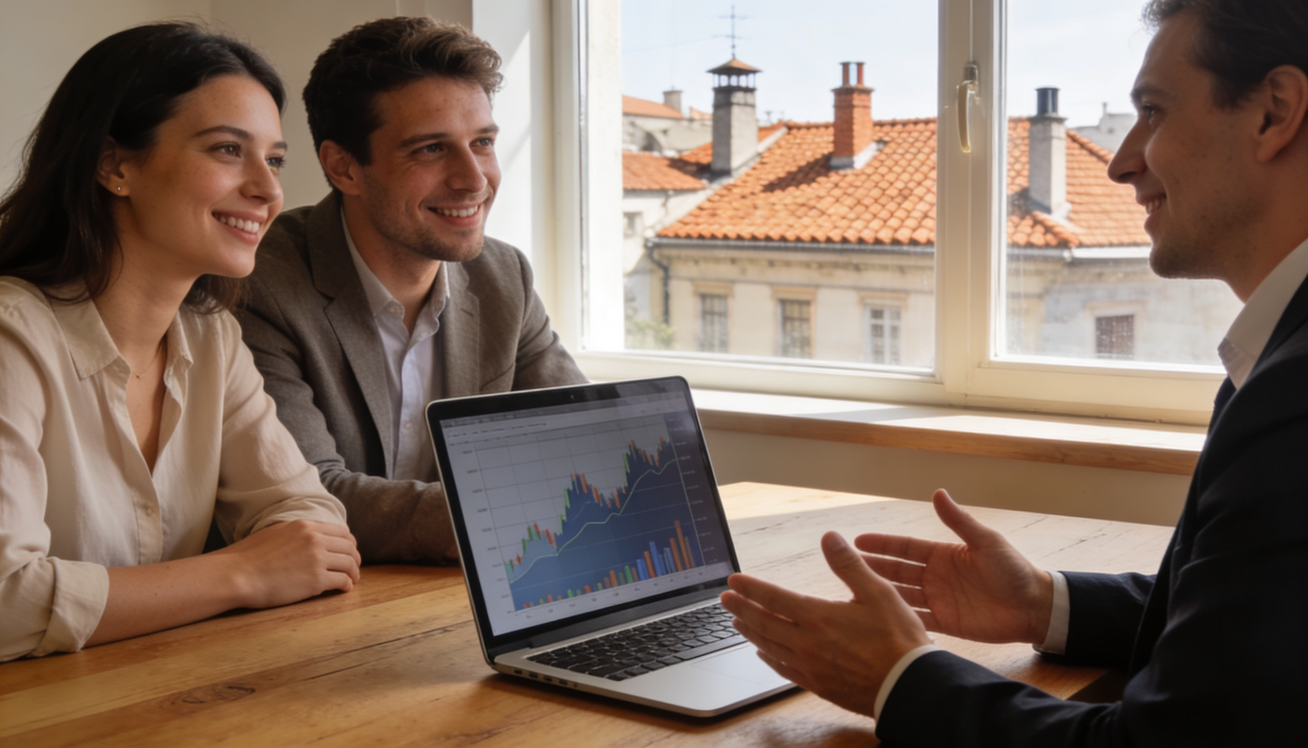 A British expat couple discussing mortgage options with a financial advisor in a cozy office.