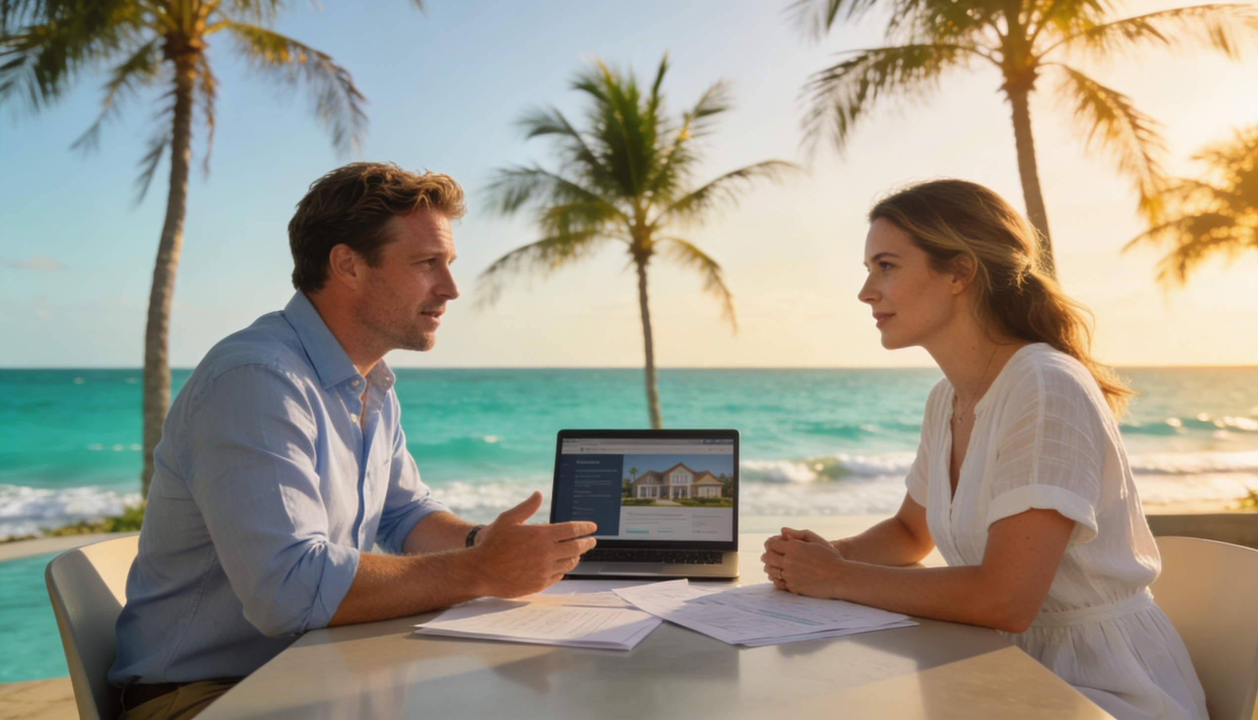 A British expat couple discussing mortgage options with a scenic Caribbean backdrop.