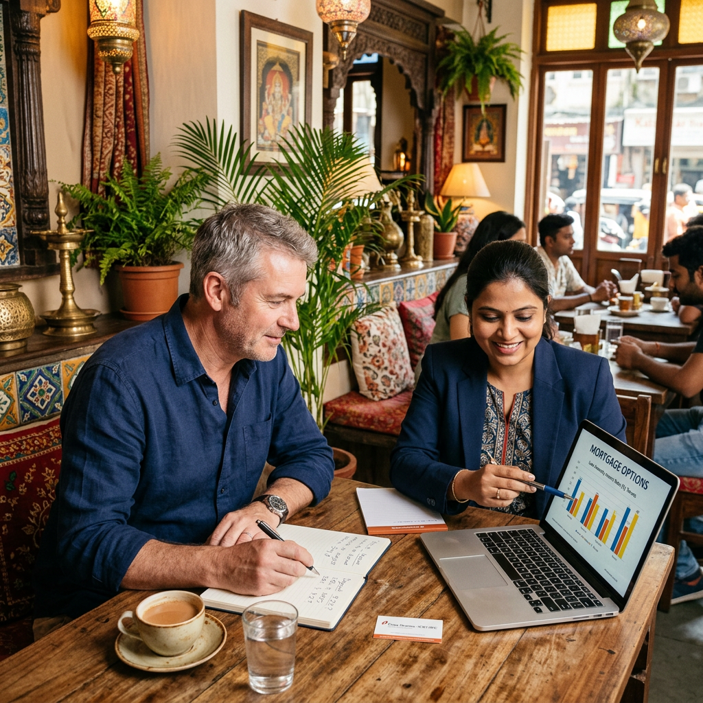 A British expat in India discussing mortgage options with a financial advisor.