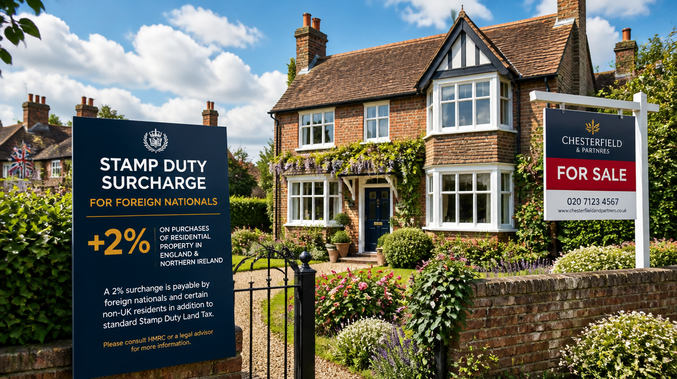 A British property with a 'For Sale' sign, featuring a stamp duty surcharge notice for foreign buyers.