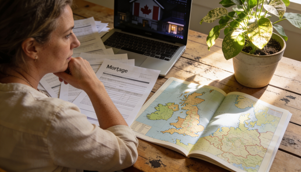 A Canadian citizen reviewing mortgage options with a UK map and financial documents on a desk.