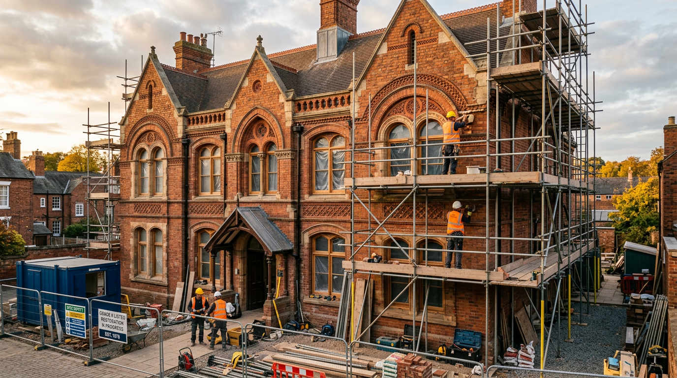A Grade II listed building undergoing refurbishment with scaffolding and workers visible.