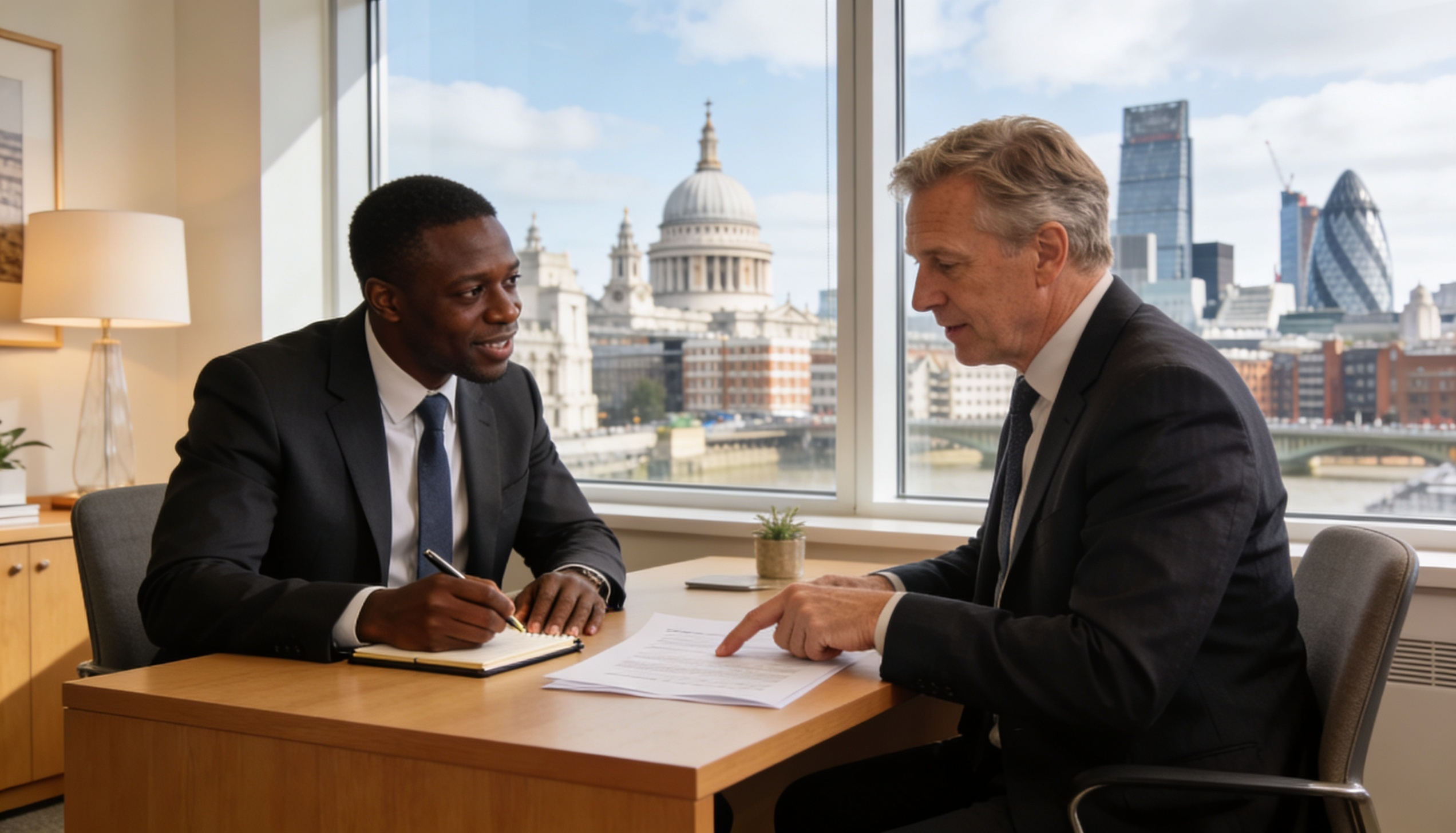 A Kenyan national discussing mortgage options in the UK with a financial advisor.