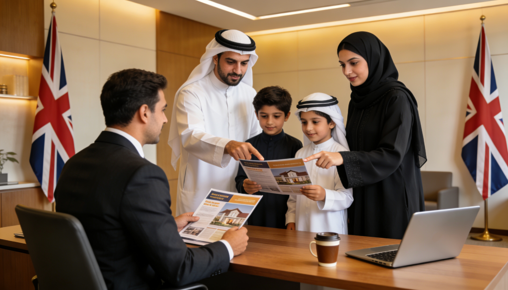 A Kuwaiti family discussing mortgage options in a UK bank office.
