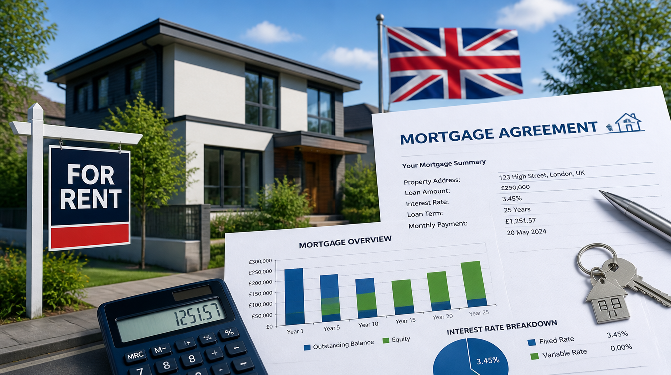 A UK flag and a house symbol with mortgage documents, representing overseas buy-to-let investments.