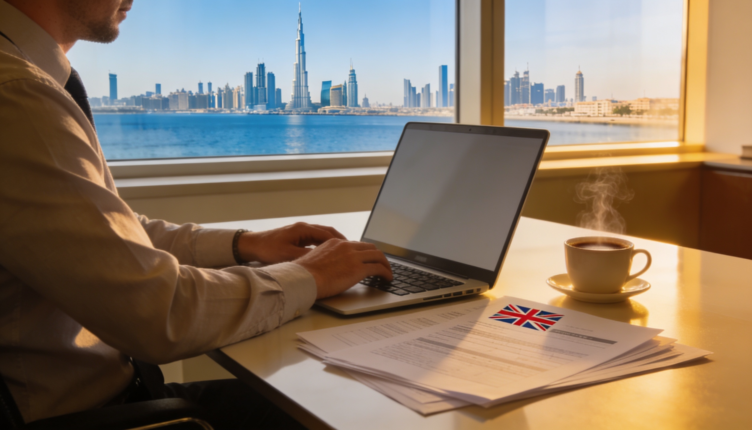 A UK landlord managing a Dubai rental property using a laptop and city skyline in the background.