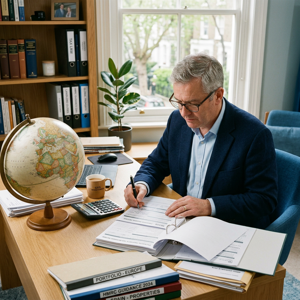 A UK landlord reviewing tax documents with a globe and calculator on the table.