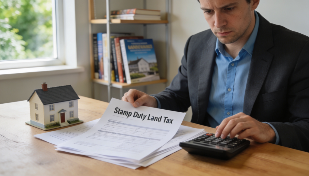 A UK property buyer reviewing documents with a calculator and house model, symbolizing stamp duty land tax.
