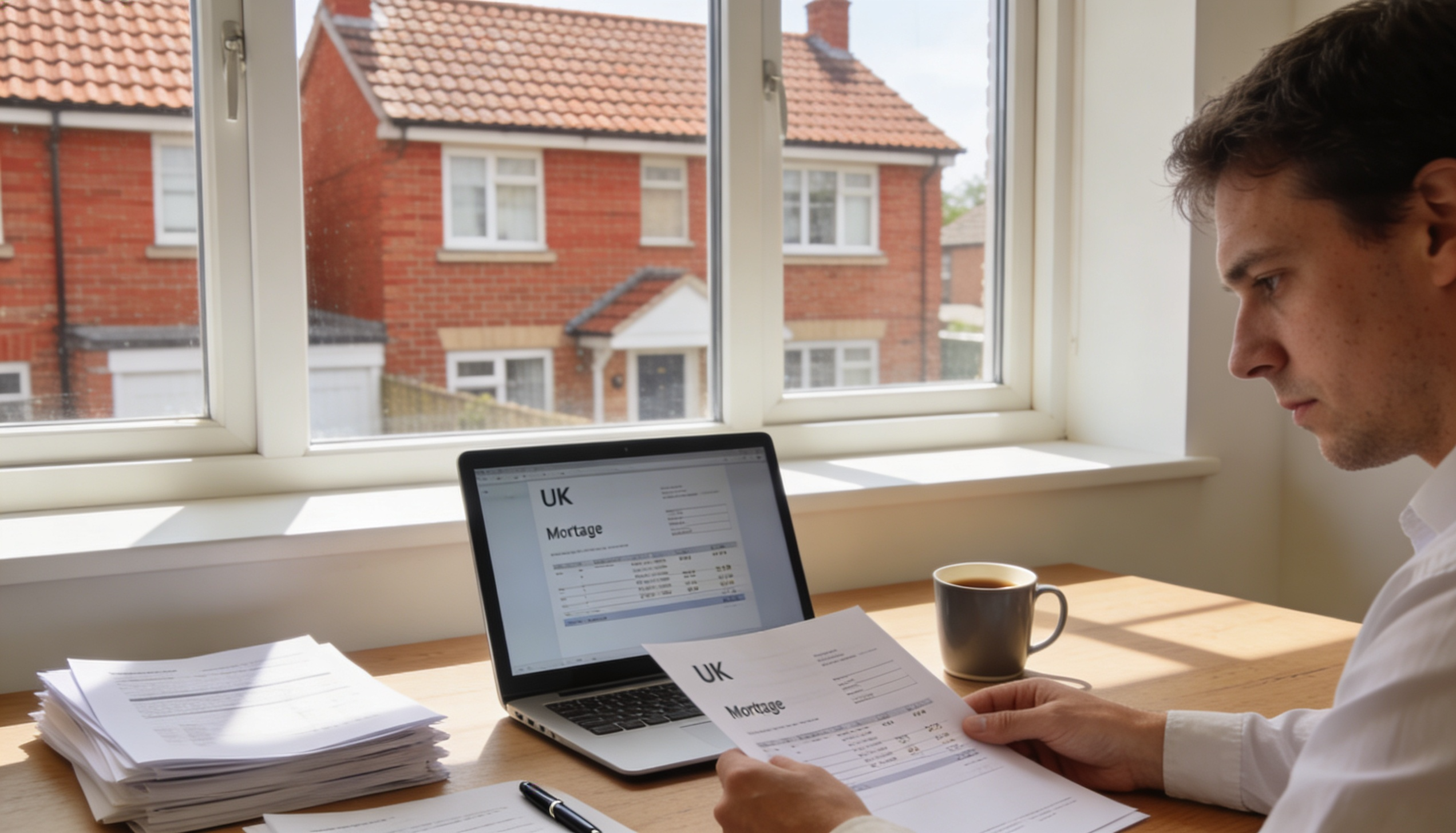 A US citizen reviewing mortgage options for a property in the UK, with a house in the background.
