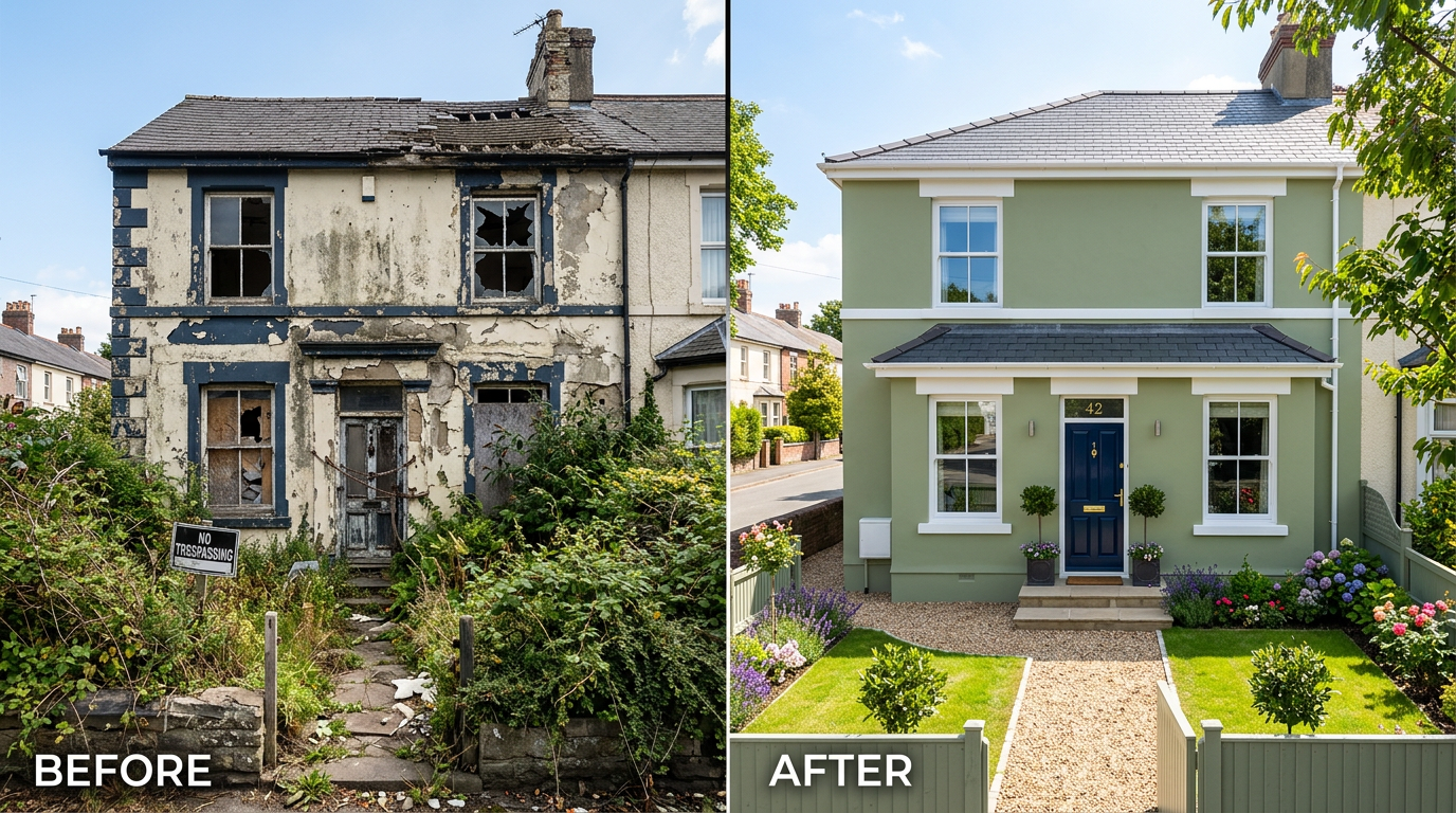 A before-and-after image of a refurbished derelict property, showcasing revitalization.