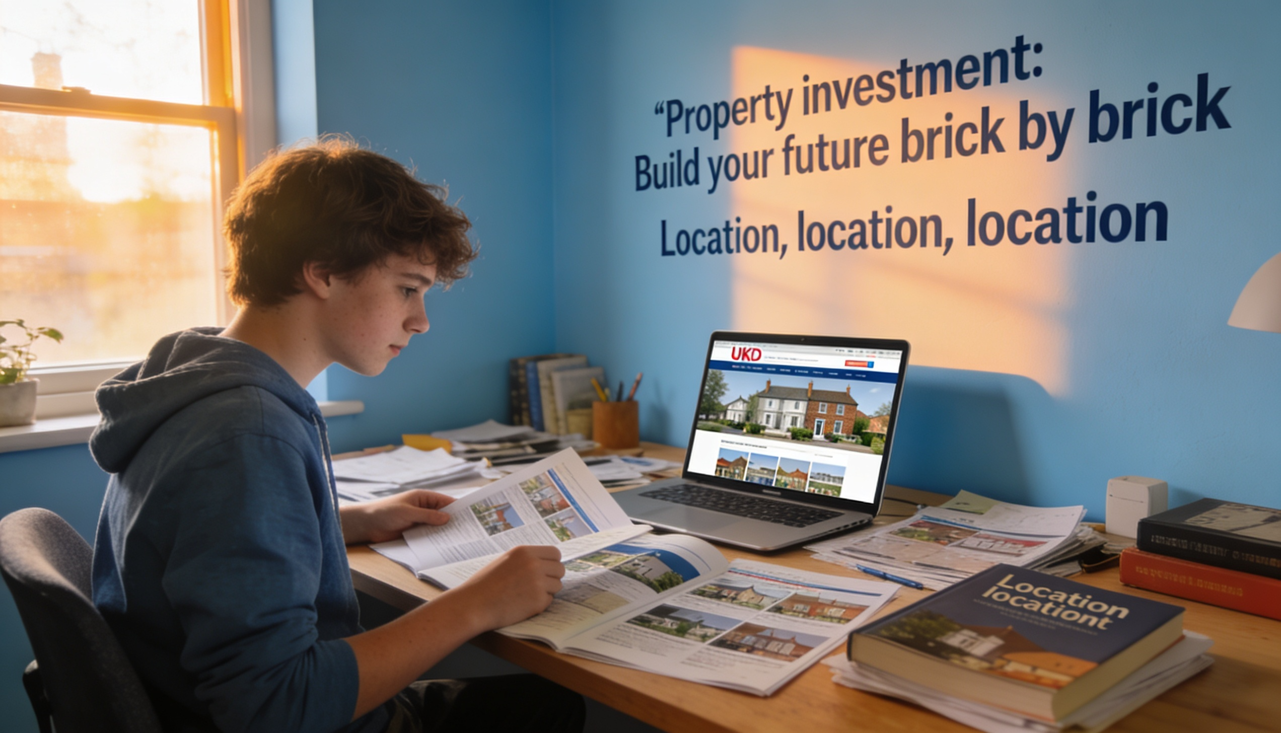 A beginner looking at property listings and investment books in the UK.