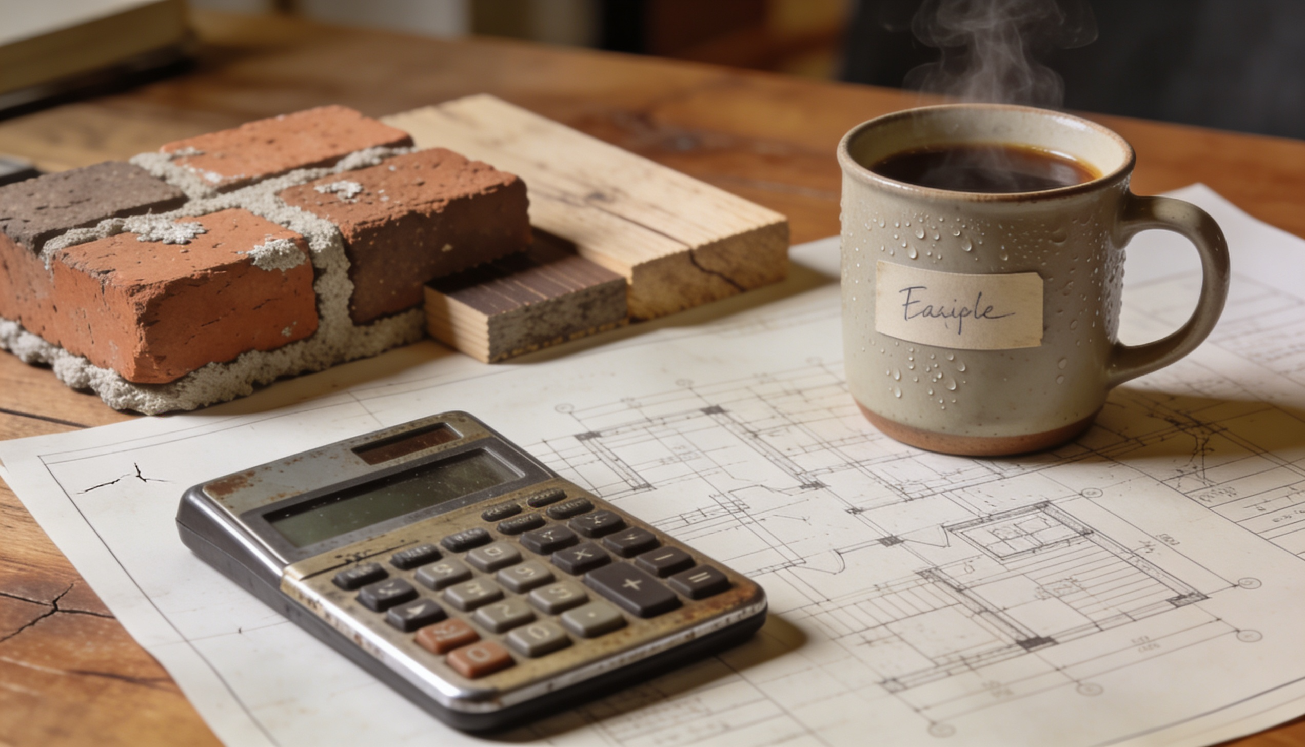 A blueprint and calculator on a desk with construction materials, illustrating property conversion financing.