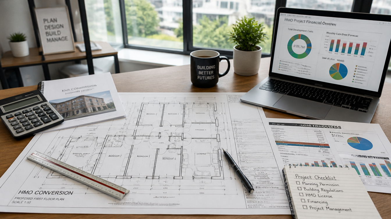 A blueprint of a house being converted into an HMO with financial charts and planning materials.