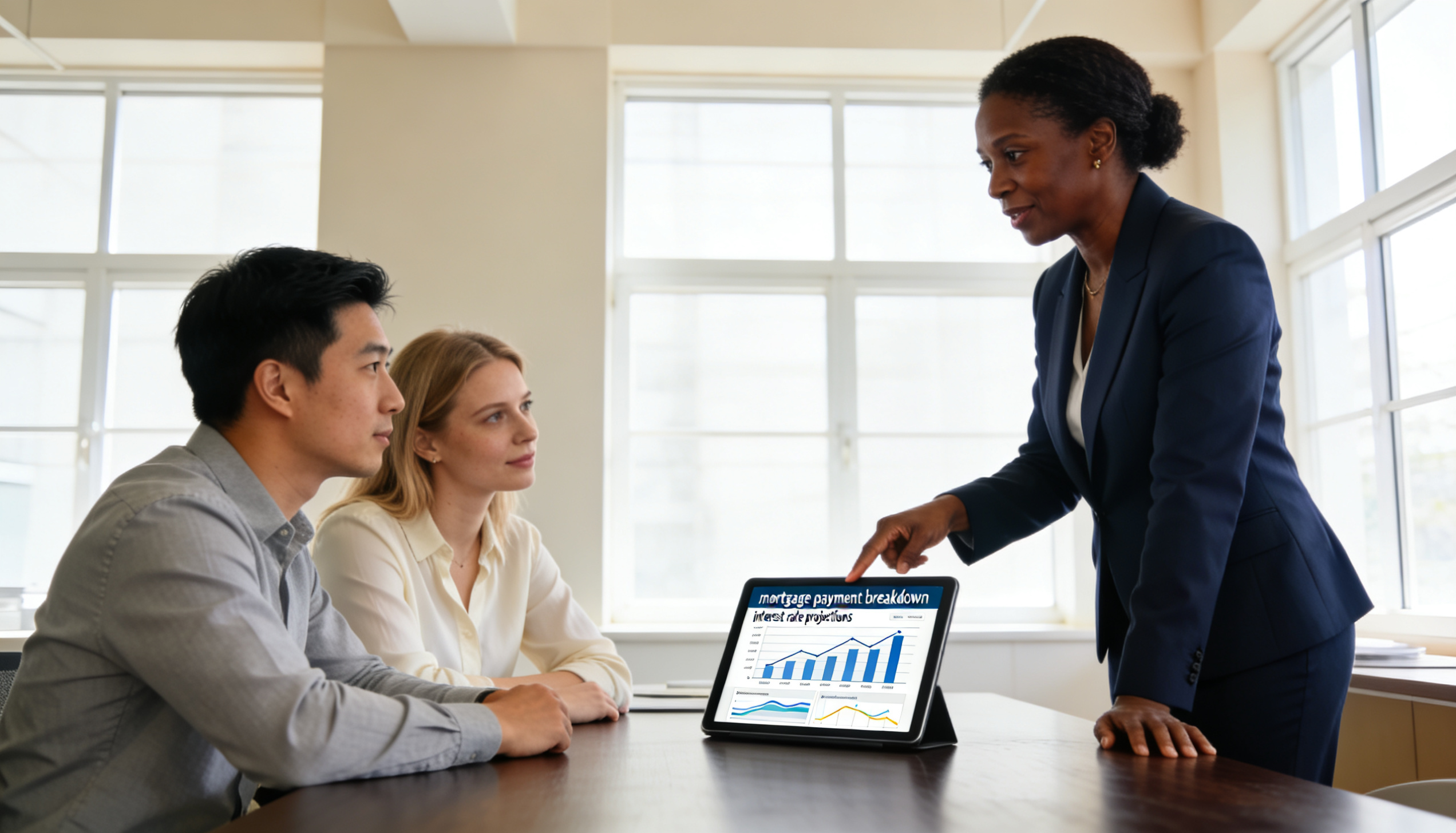 A business professional discussing SPV mortgage options with a couple in an office setting.