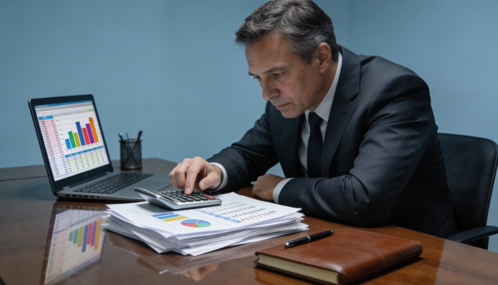 A business professional reviewing loan application documents with a calculator and laptop.