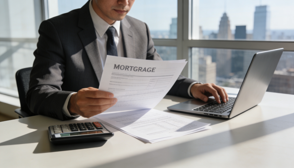 A business professional reviewing mortgage documents in an office setting.