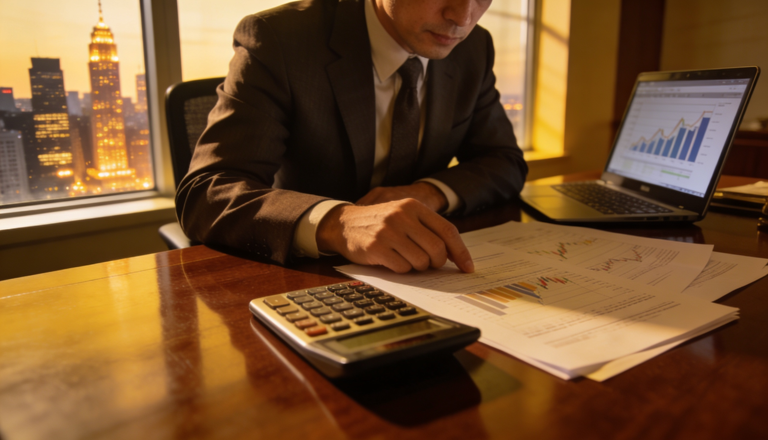 A businessman analyzing commercial property investment documents with a calculator.
