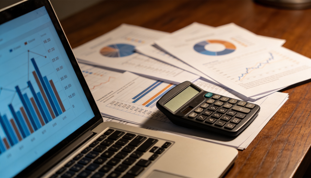 A calculator and documents on a desk, representing developer exit loan calculations.