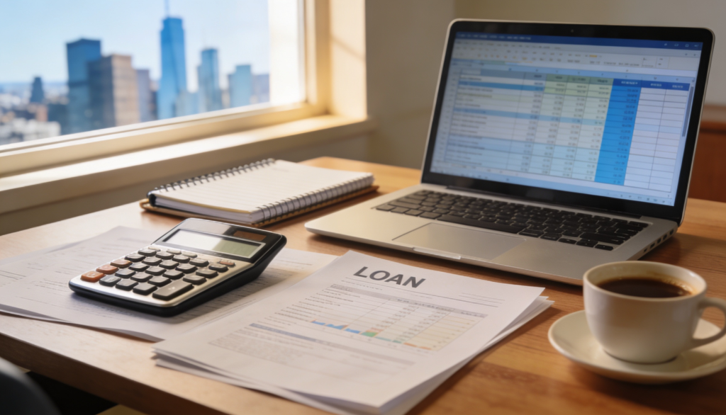 A calculator and documents related to developer exit loans on a desk.