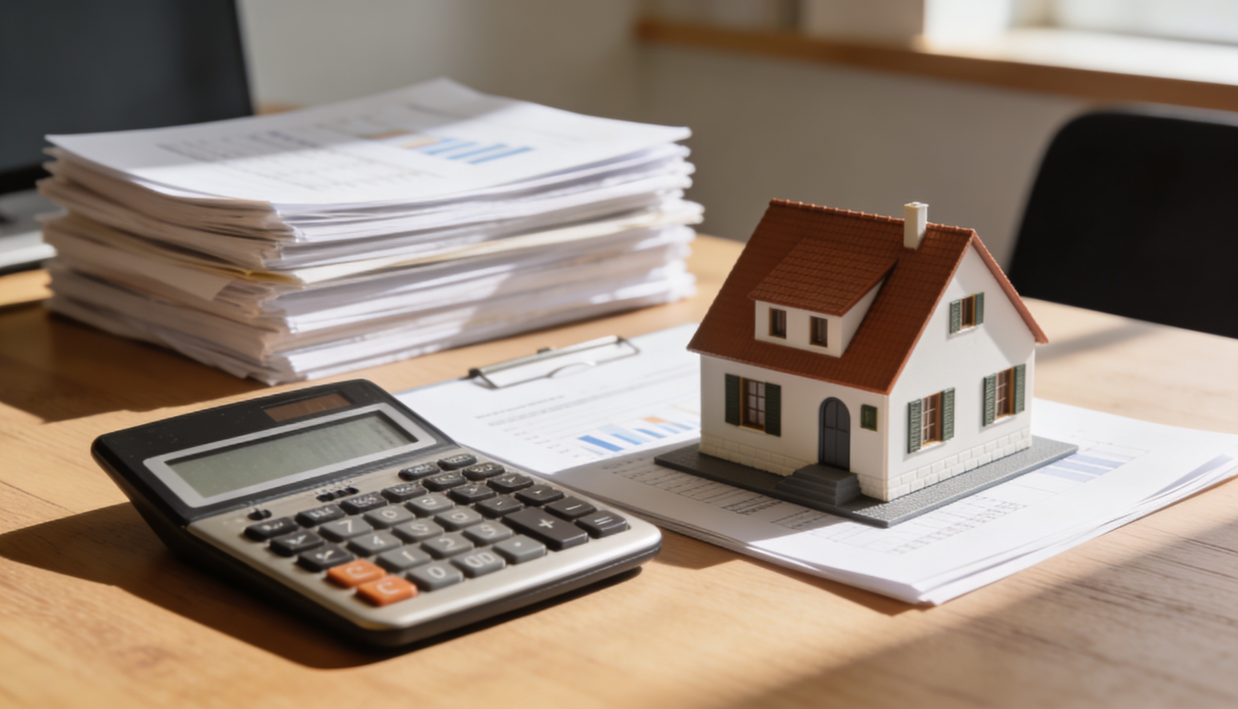 A calculator and house model on a desk, representing HMO mortgage deposit calculations.