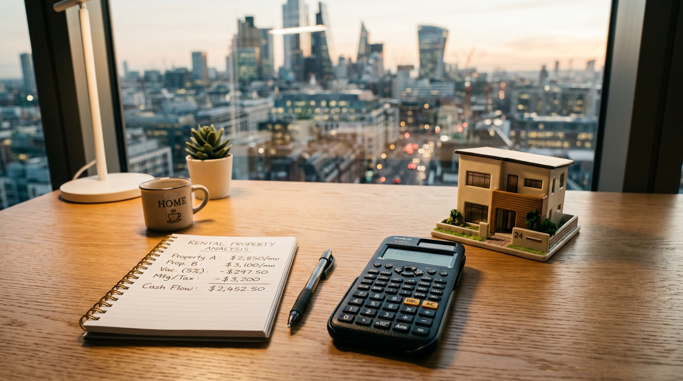 A calculator and house model, symbolizing rental income calculations for BTL mortgages.