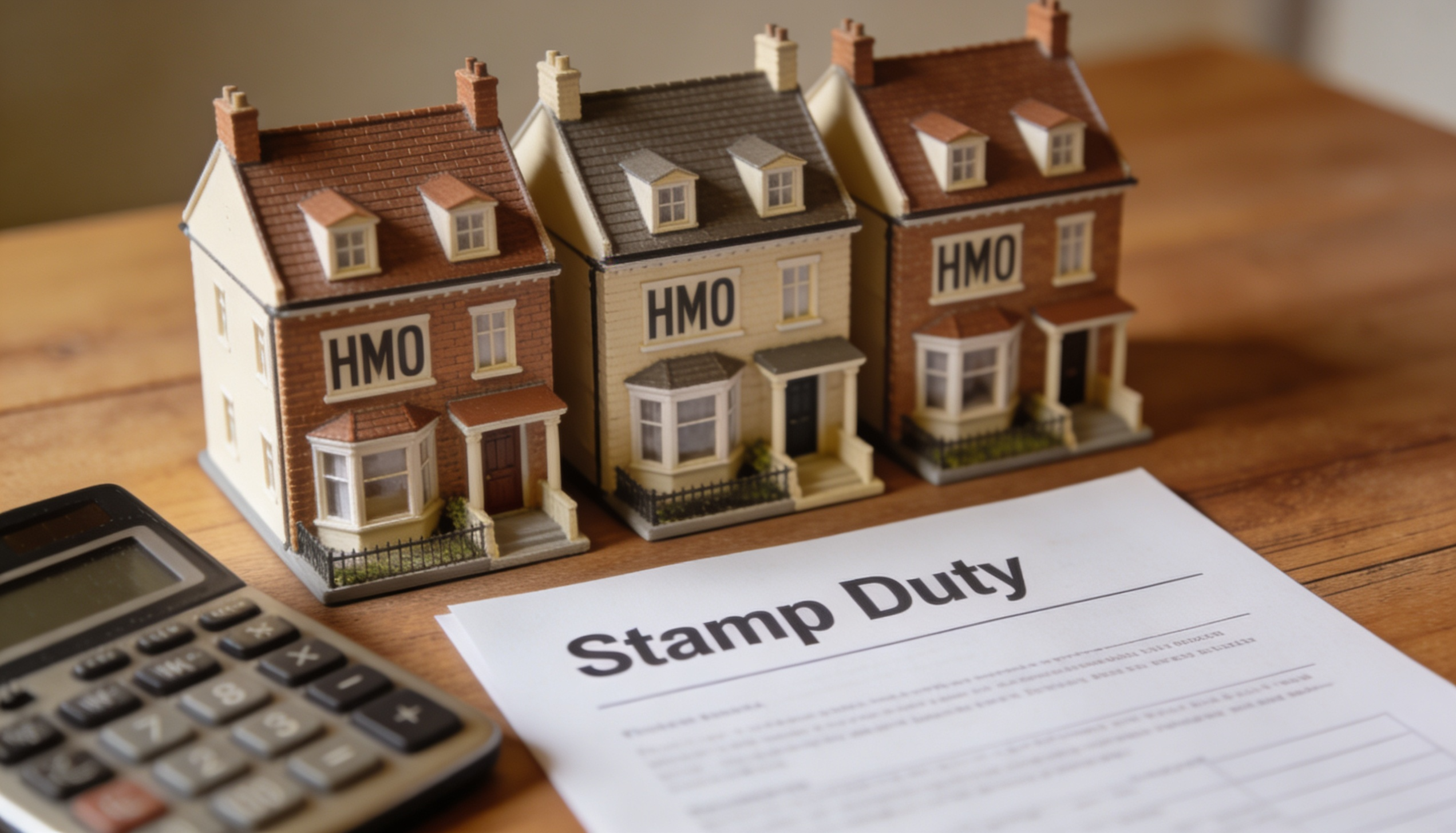 A calculator, house models, and documents related to stamp duty on HMO properties.