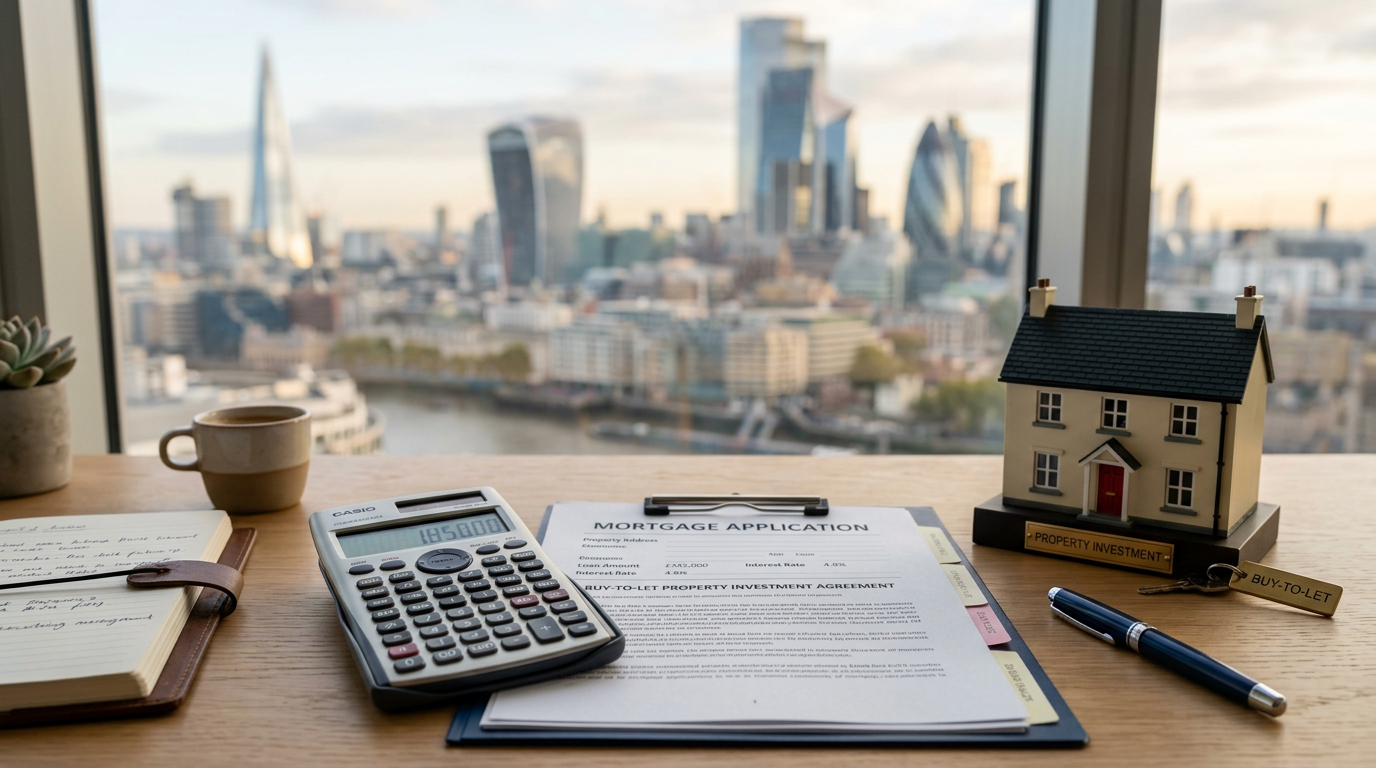 A calculator, mortgage documents, and a house model representing buy-to-let mortgages.