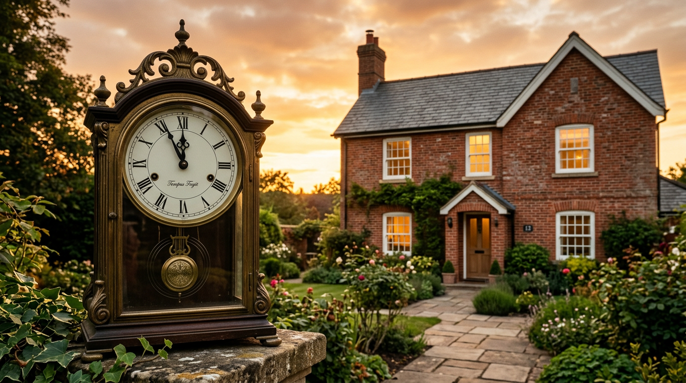 A clock with a house in the background, symbolizing bridging loan timelines in the UK.