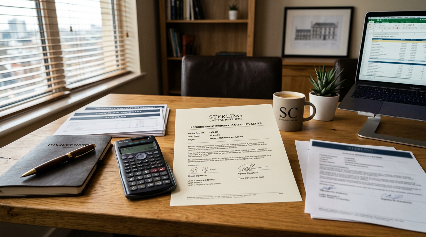 A close-up of a refurbishment bridging loan facility letter on a desk with financial documents and a calculator.