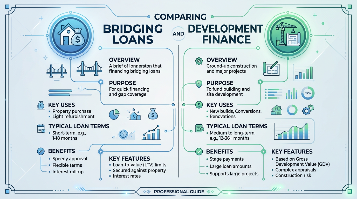 A comparison chart showing bridging loans and development finance with icons representing each.