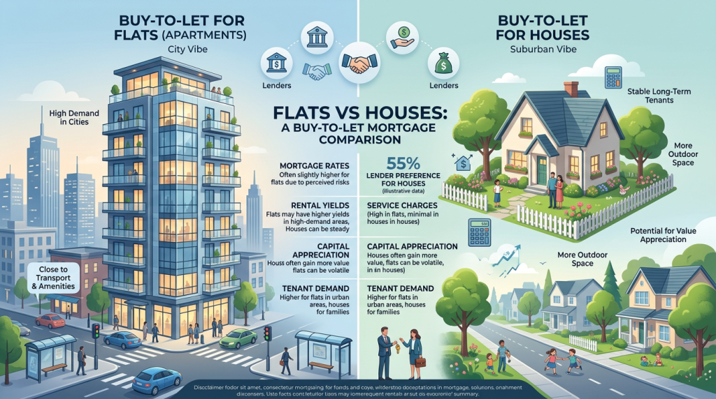 A comparison graphic showing a flat and a house with mortgage icons and lender symbols.