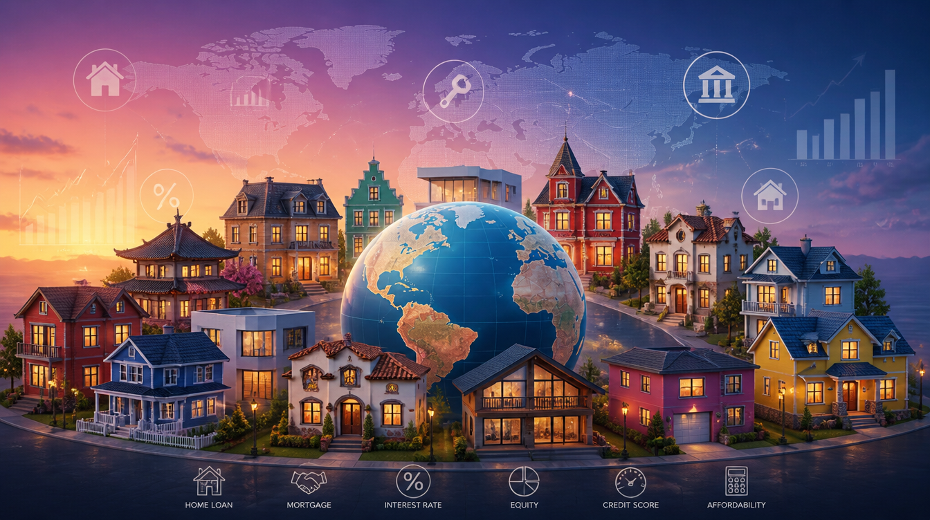 A conceptual image of a globe with houses and mortgages symbols, highlighting international property investment.