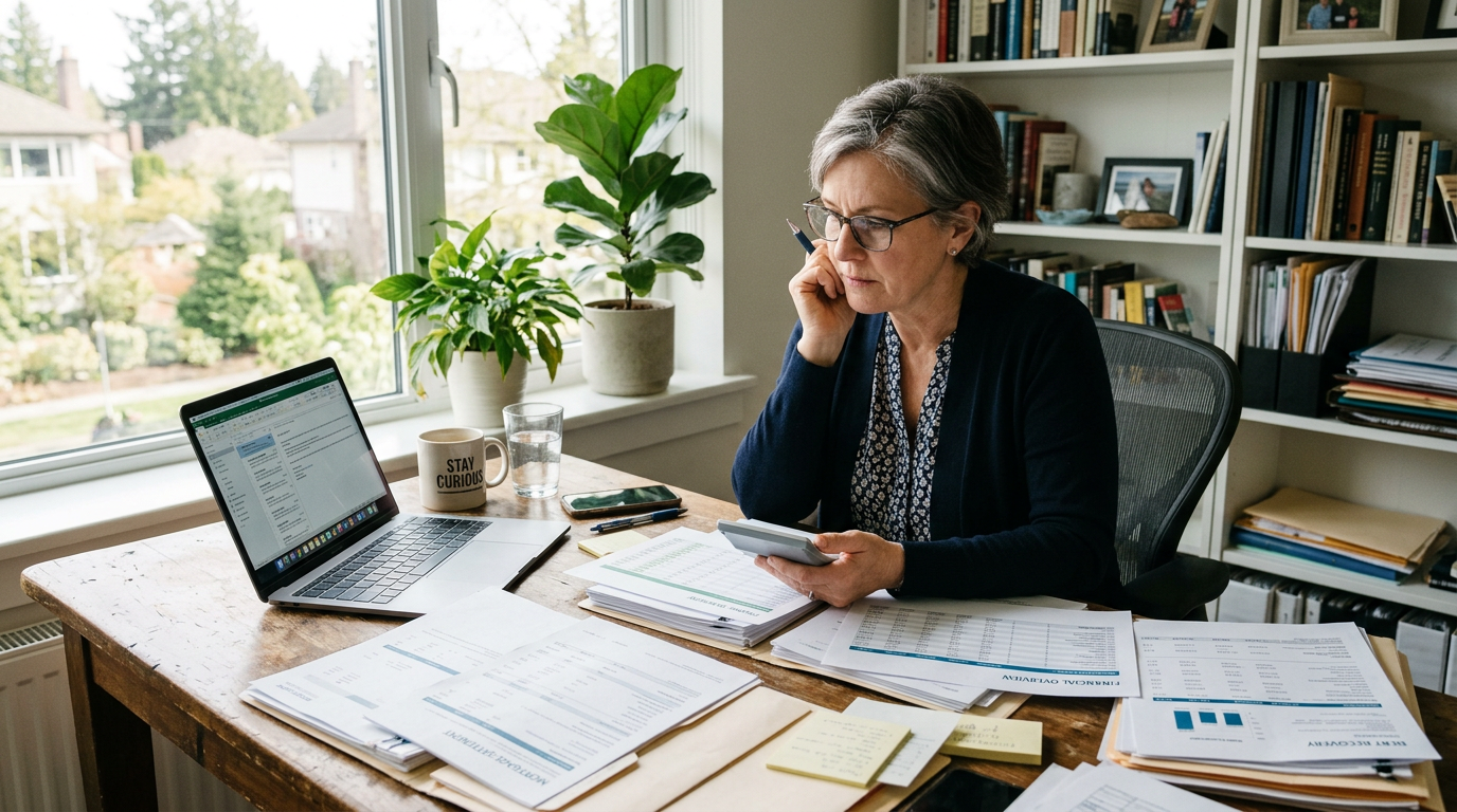 A concerned individual reviewing financial documents with a calculator and a laptop.
