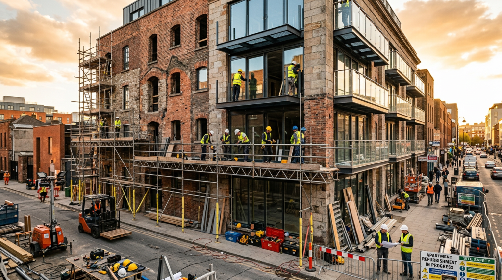A construction site showing a building transformation from commercial to residential use.