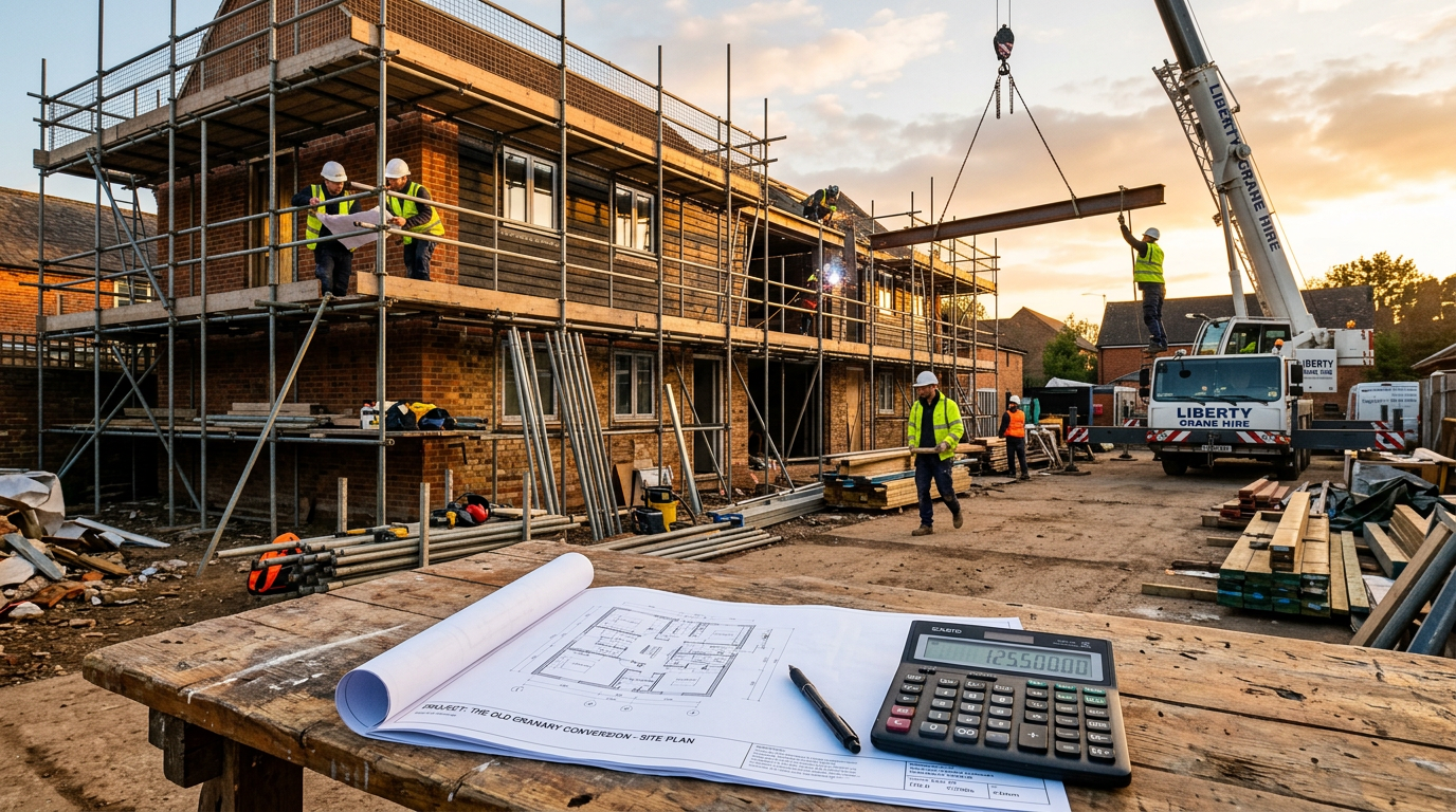 A construction site with a partially converted property and tools, showcasing a bridging loan concept.