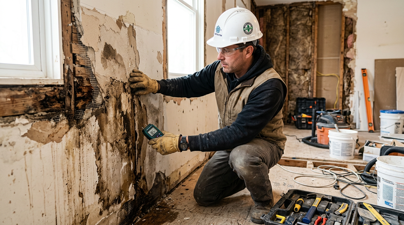 A construction worker inspecting damp walls in a house during refurbishment repairs.
