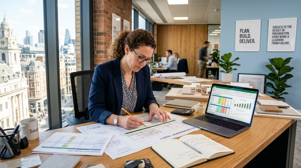 A contractor reviewing refurbishment plans in a modern office with financial documents and tools around.
