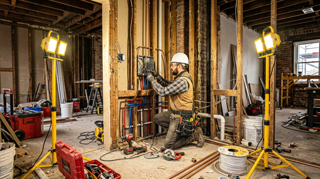 A contractor working on plumbing and electrical rewiring in a home renovation.