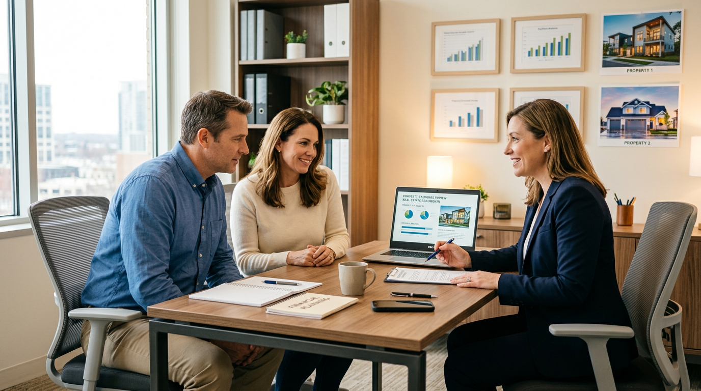 A couple discussing property exchange terms with a financial advisor in an office.