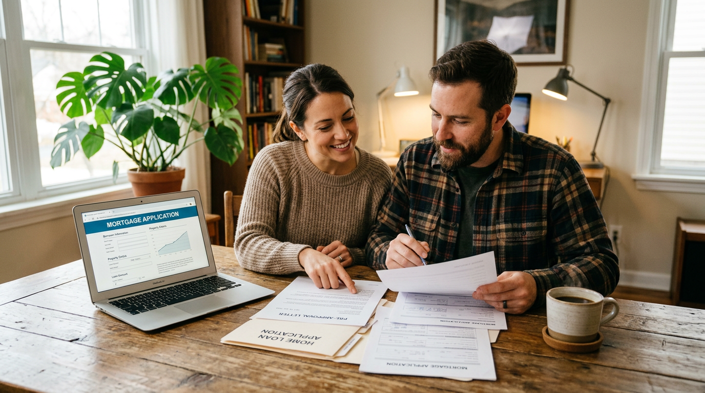 A couple reviewing mortgage documents together at a table with a laptop and coffee.