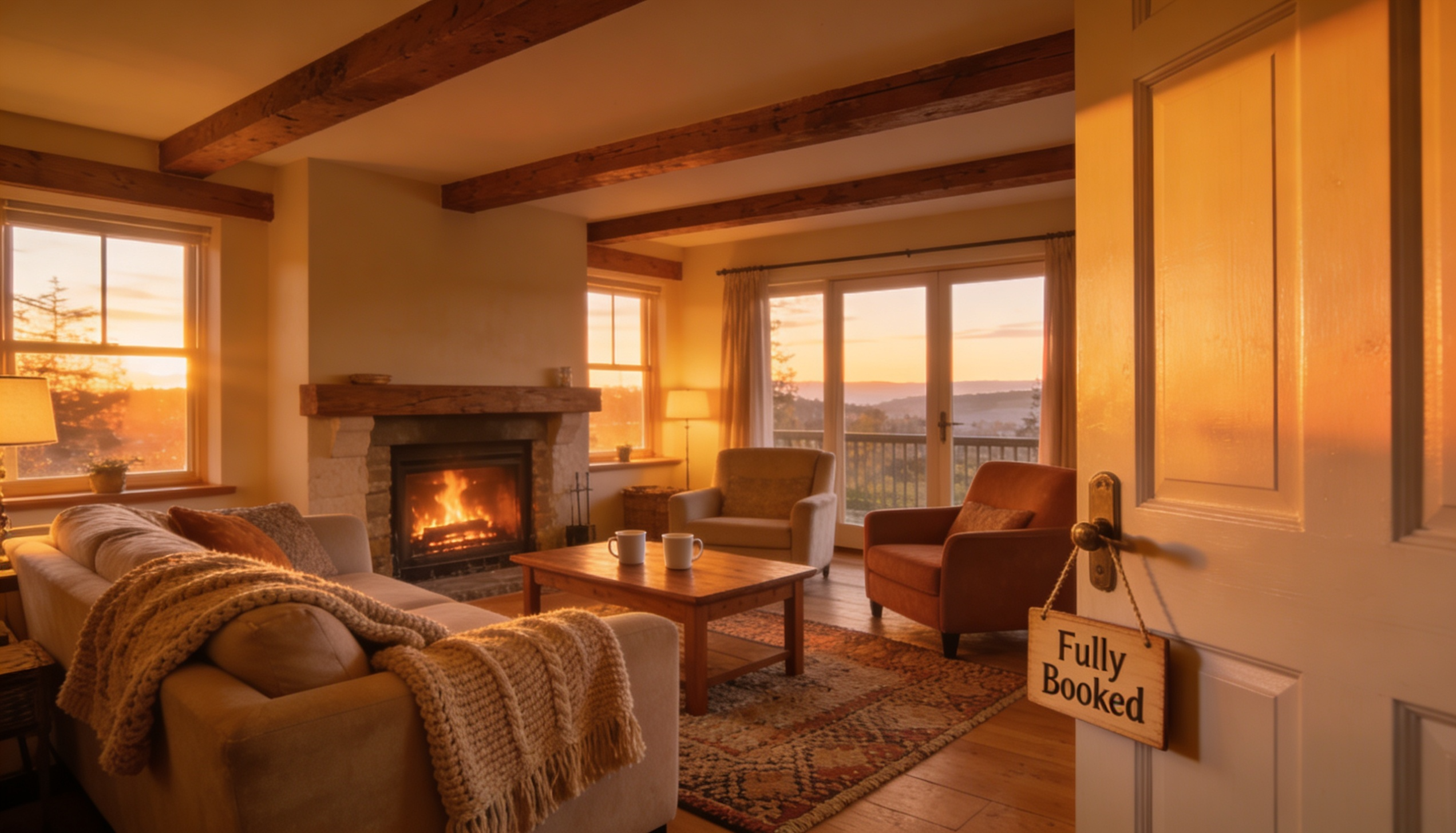 A cozy holiday rental with a 'Fully Booked' sign, surrounded by a scenic landscape.