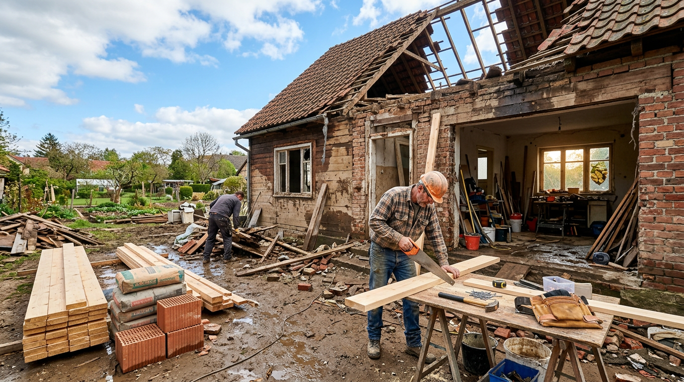 A damaged property showing flood effects, with construction tools and materials for refurbishment.