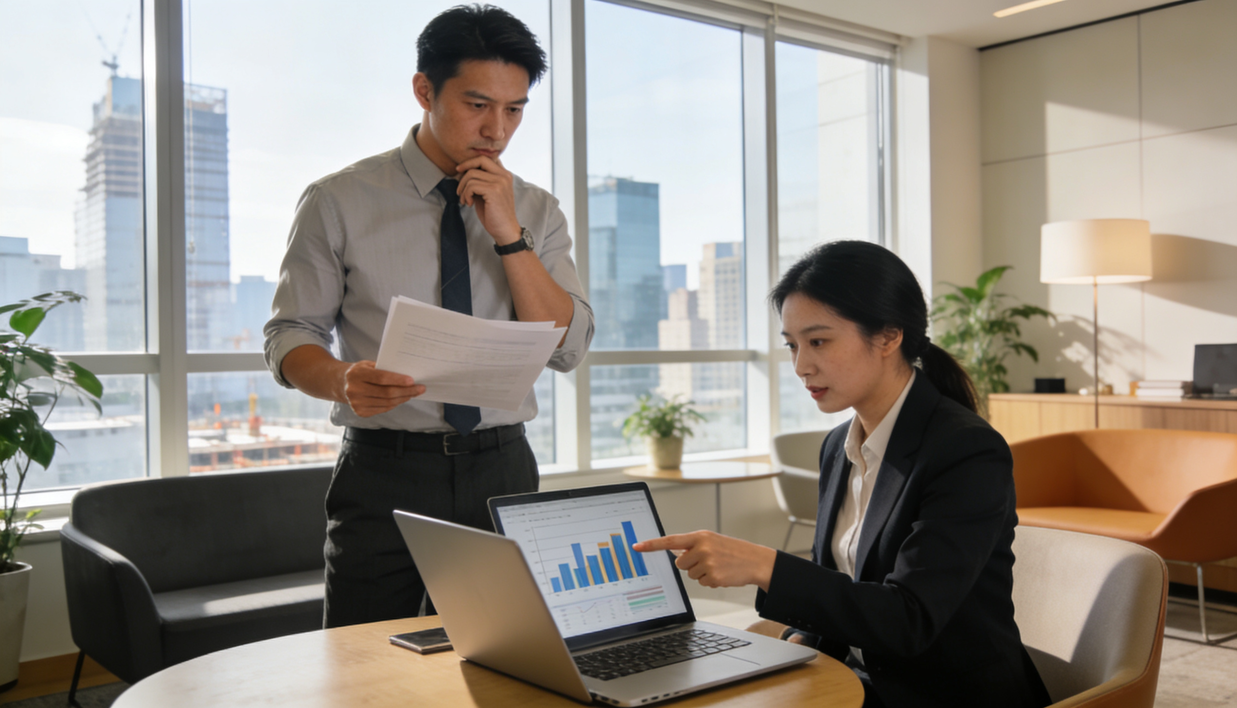 A developer discussing exit loans with a financial advisor in a modern office.