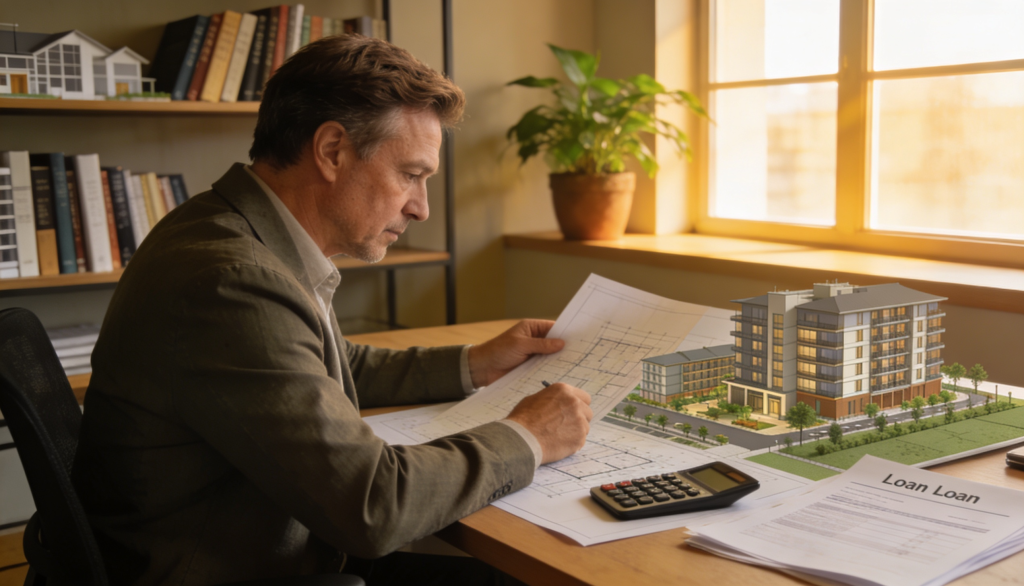 A developer examining blueprints for a serviced accommodation project with a calculator and loan documents.