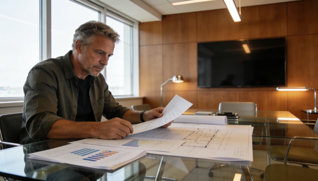 A developer reviewing blueprints and financial documents in a modern office setting.