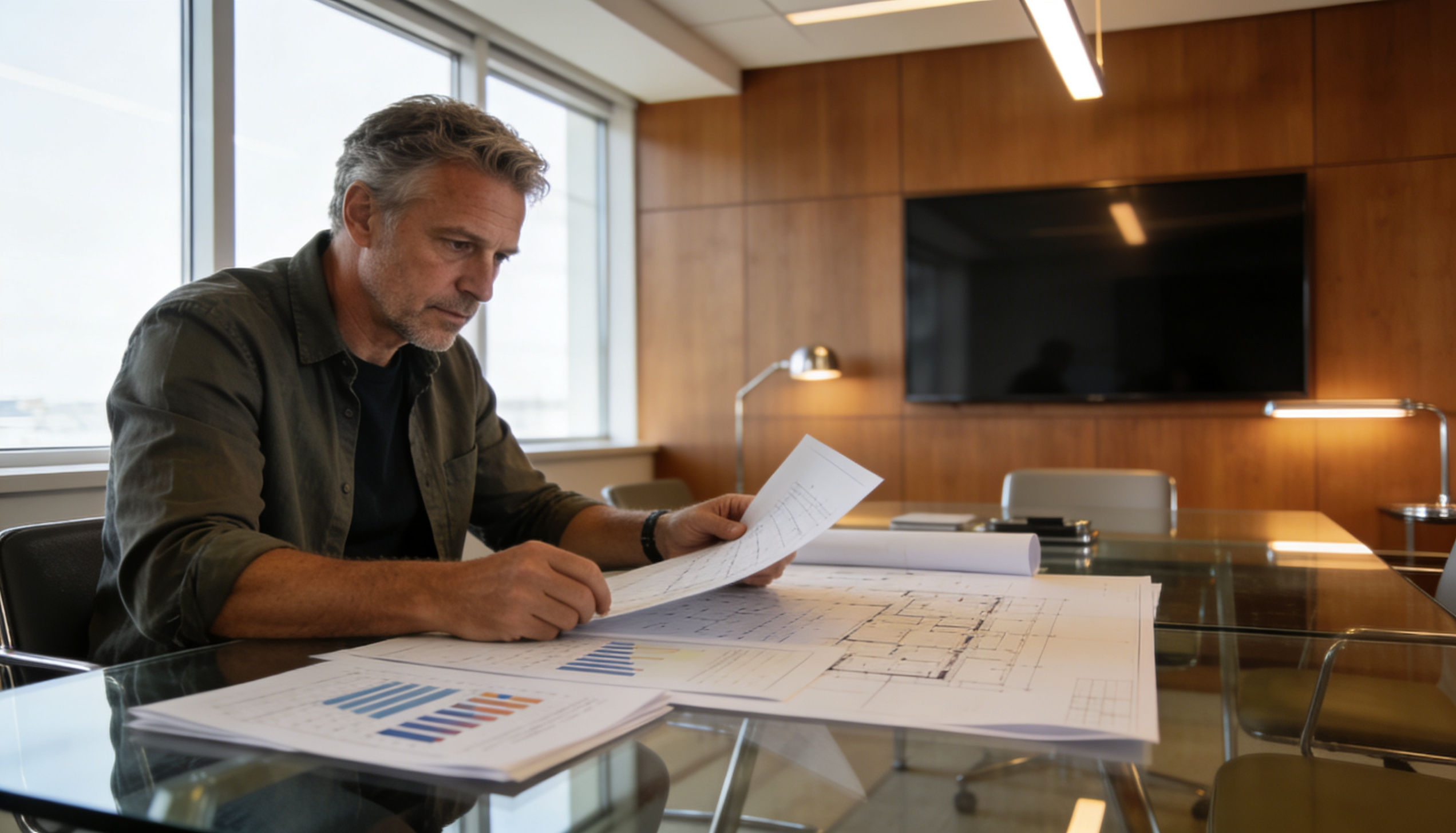 A developer reviewing blueprints and financial documents in a modern office setting.