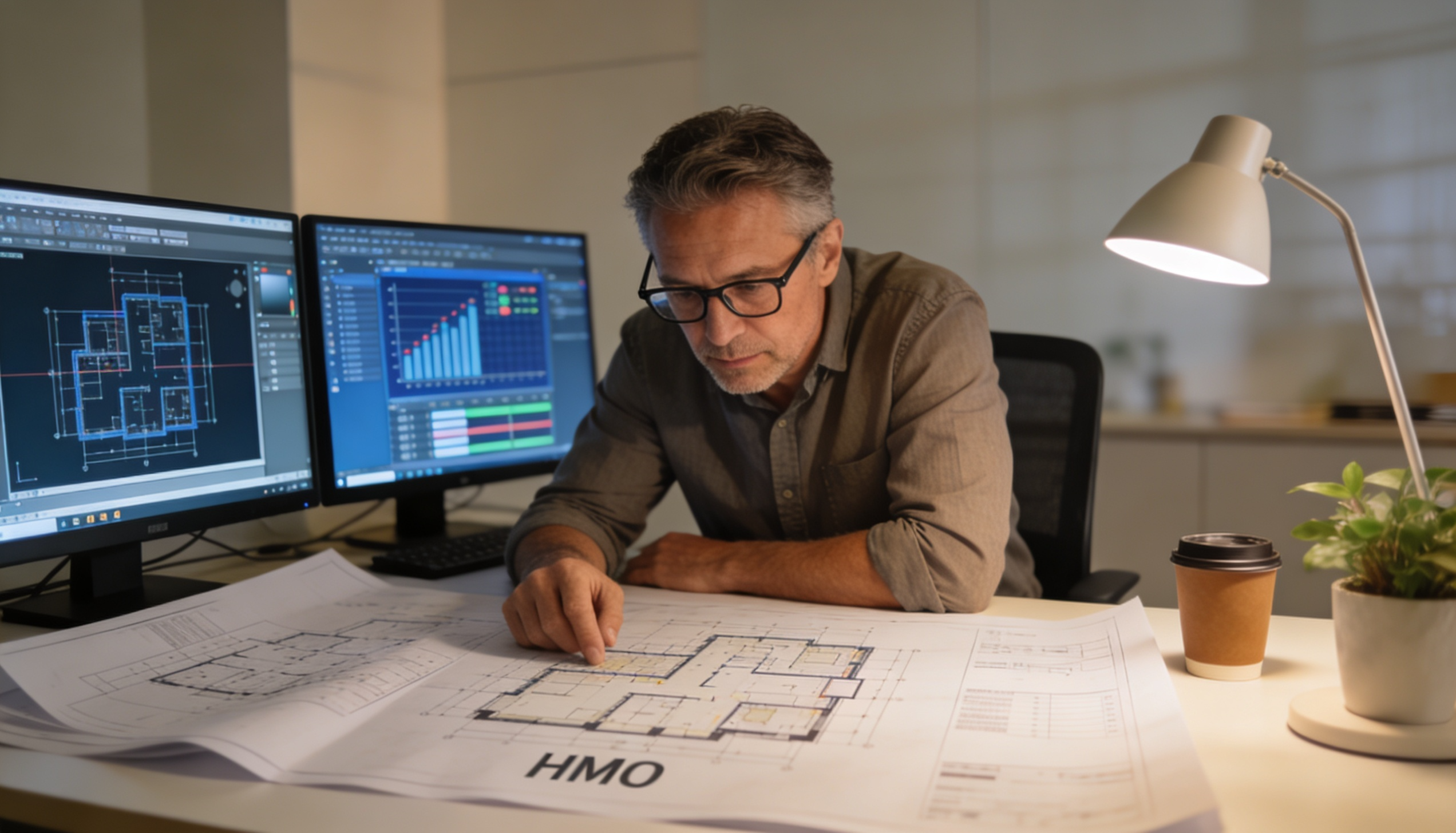 A developer reviewing blueprints for an HMO conversion project in a modern office.